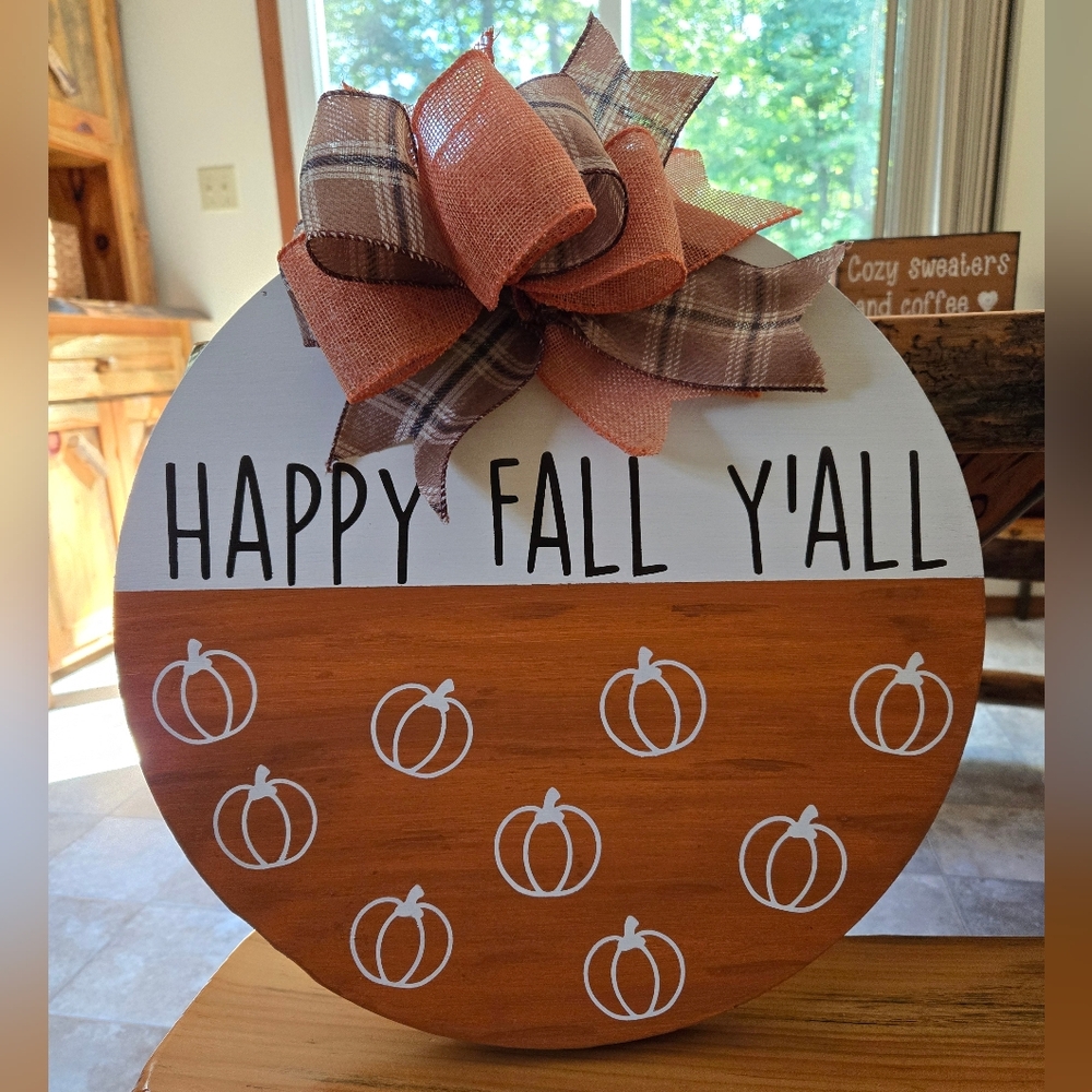 Handmade Happy Fall Y'all Round Wooden Sign with Bow